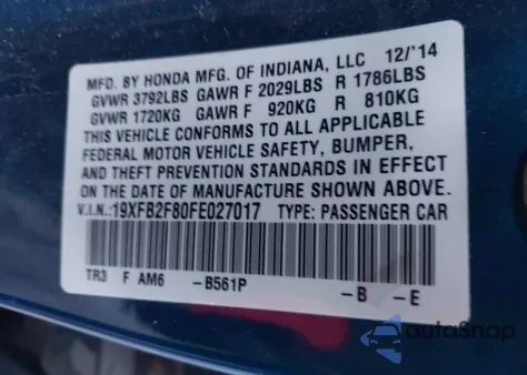 2015 Honda Civic Ex from USA, damaged, VIN 19XFB2F80FE027017